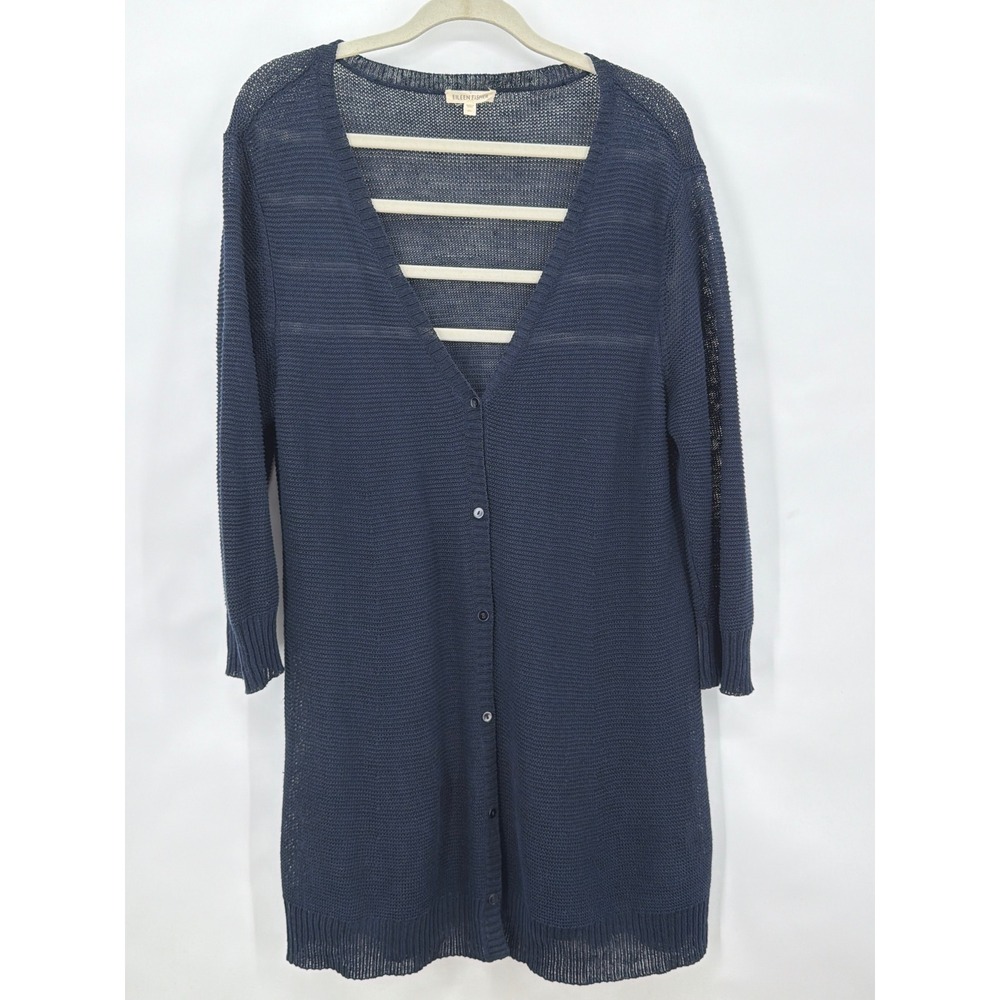 Eileen Fisher Navy Blue Linen‎ Mesh Knit Longline Cardigan Sweater XL Lagenlook
